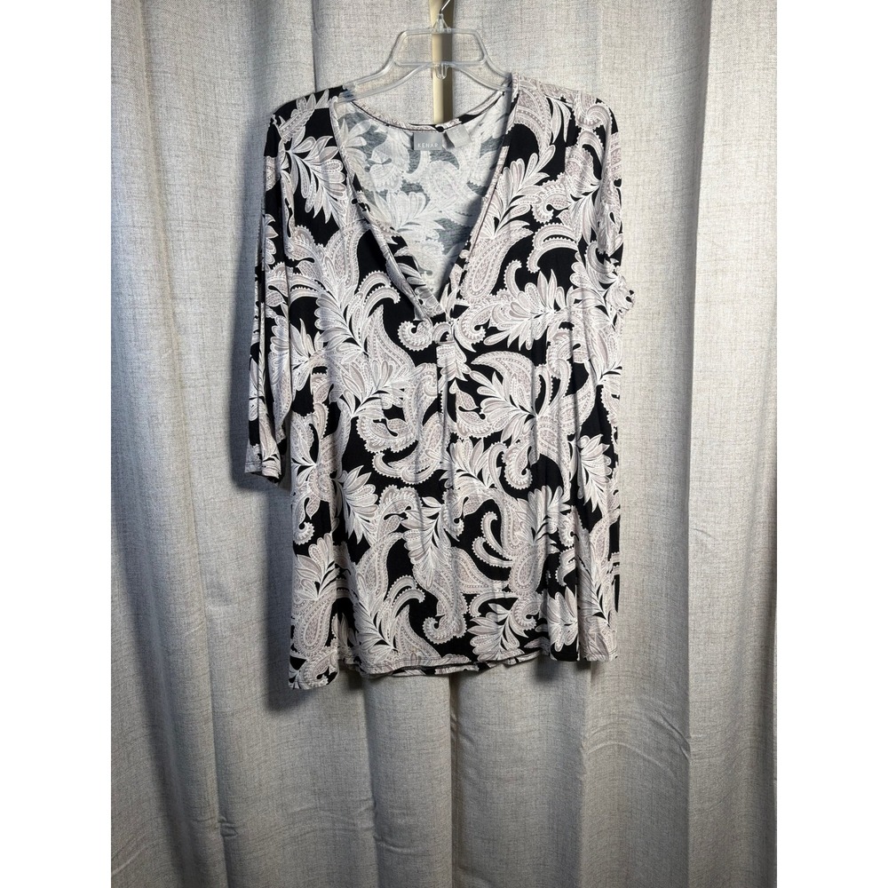 Kenar Womens Black White Paisley Split V-Neck 3/4 Sleeve Top Size 1X